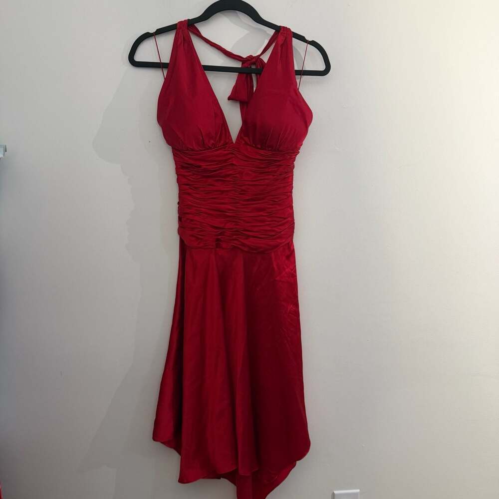y2k cache 100% silk red ruched halter midi dress size 2